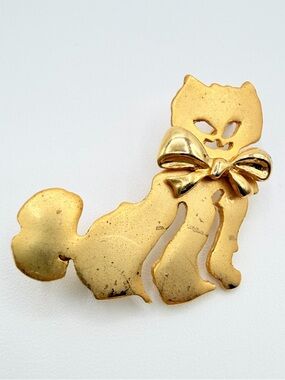 Vintage Style Gold Tone Cat Brooch Bow Kitty Pin Cute Figural